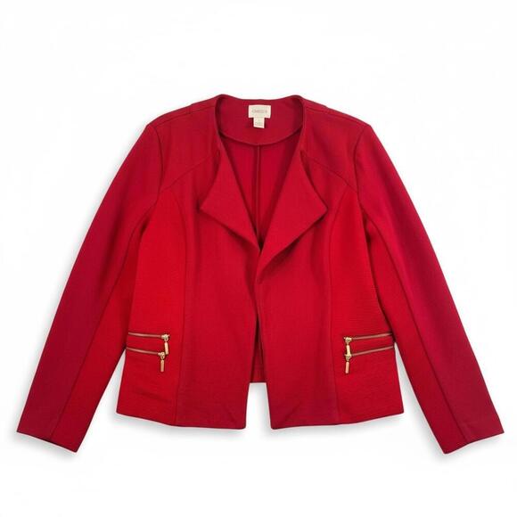 Chico's Jackets & Blazers - Chico’s Red Open Front Jacket Size 2 Cropped Knit Blazer Gold Zip Pockets